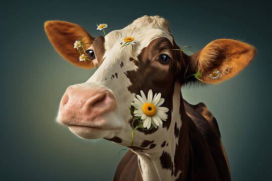 cow with flower. Generative AI - Powered by Adobe