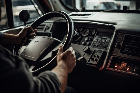 Interior cabin of a cargo truck with driver firmly holding the steering wheel, generative ai