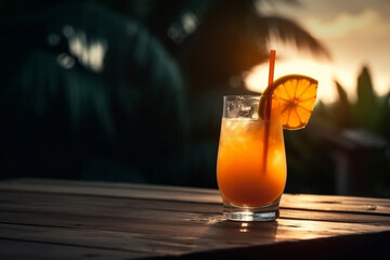 Tropical Cocktail on wodden table, sunset, AI generated