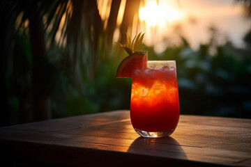 Tropical Cocktail on wodden table, sunset, AI generated