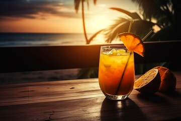 Tropical Cocktail on wodden table, sunset, AI generated