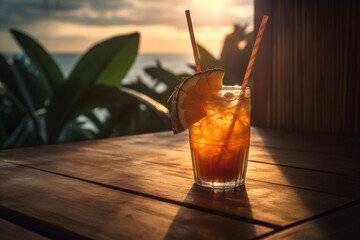Tropical Cocktail on wodden table, sunset, AI generated