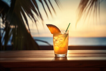 Tropical Cocktail on wodden table, sunset, AI generated