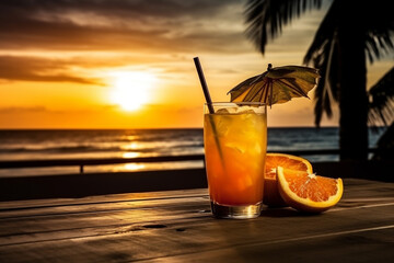 Tropical Cocktail on wodden table, sunset, AI generated