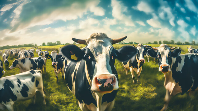 A Herd Of Dairy Cows Standing In A Field Generative AI