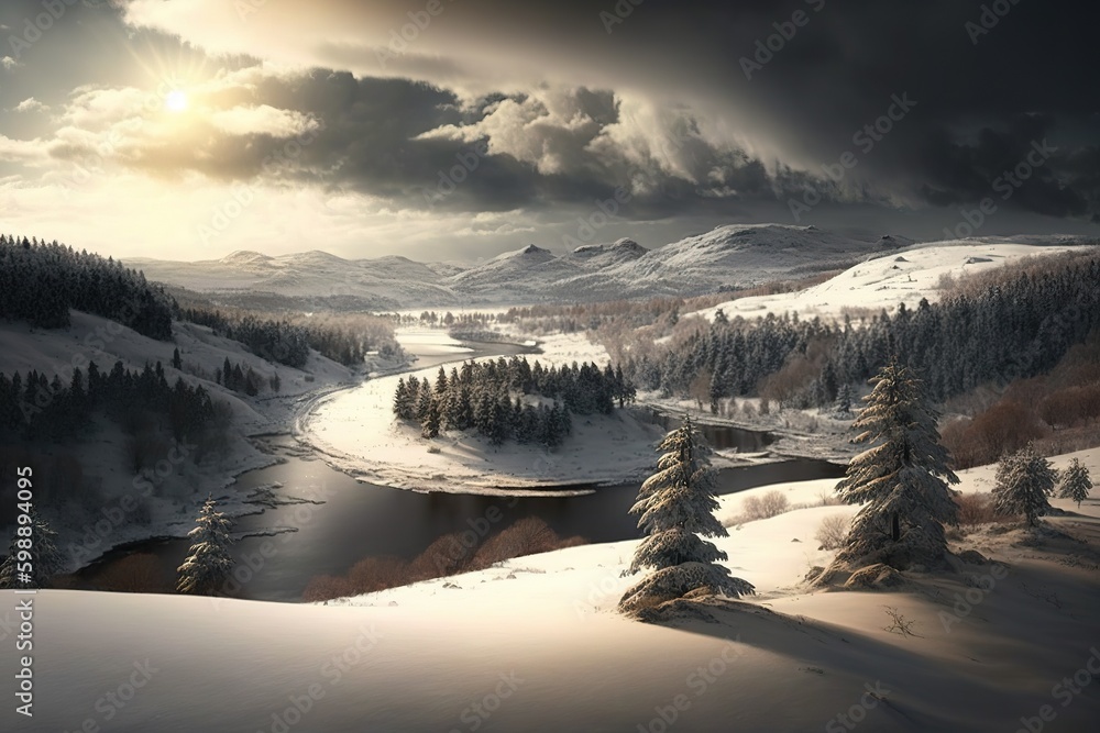 Aufkleber sunlight and clouds over a landscape of snow-covered hills and trees. generative ai generative ai