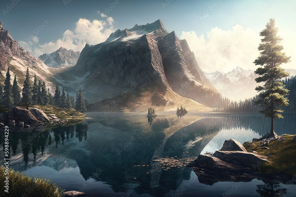 Poster scenery depicting a mountainous lake generative ai generative ai