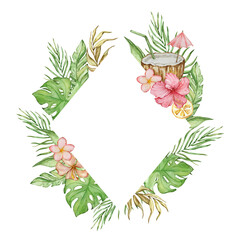 Fototapeta premium Rhombus frame made of watercolor tropical flowers and leaves