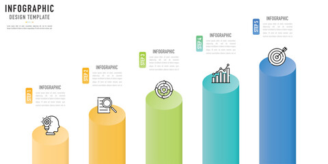 Bar isometric infographic template or element with 5 step, process, option, colorful 3D bar, column, stage, button, circle, rectangle, icons, paper origami for sale slide, flowchart, workflow brochure