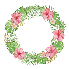 Wreath of watercolor tropical flowers and leaves