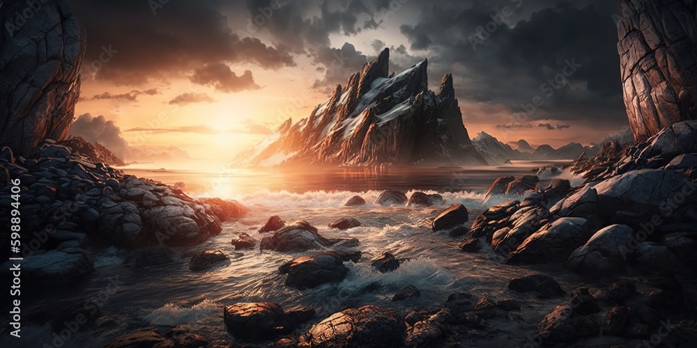 Poster sunlight and clouds at sunset illuminate a rocky coastline at sea. generative ai generative ai
