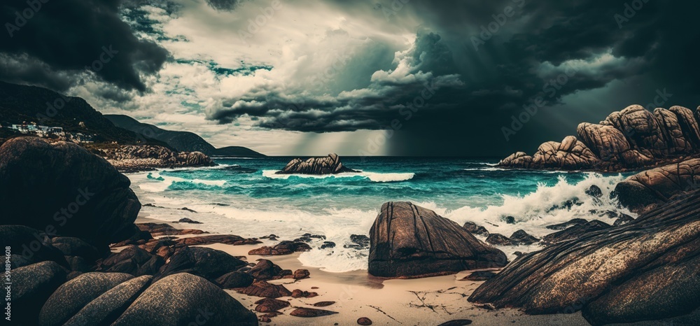 Poster seascape with rocks and a beach, taken during the afternoon with an overcast sky generative ai gener