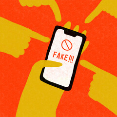 Smartphone in hand, the inscription on the screen "fake", hands point to the screen of the smartphone with the inscription "fake"