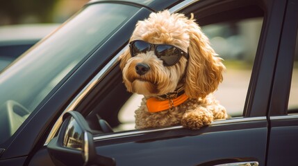 A dog in sunglasses sits in a car, sunny day. Generative AI