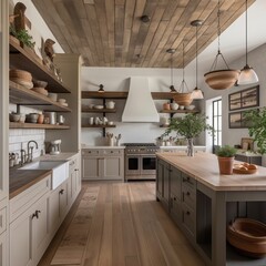 Beautiful rustic kitchen with lots of wood, generative ai