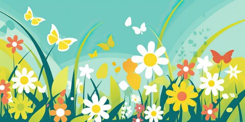 Fototapeta na wymiar Illustration with flowers and butterflies on a sunny spring day, generative ai