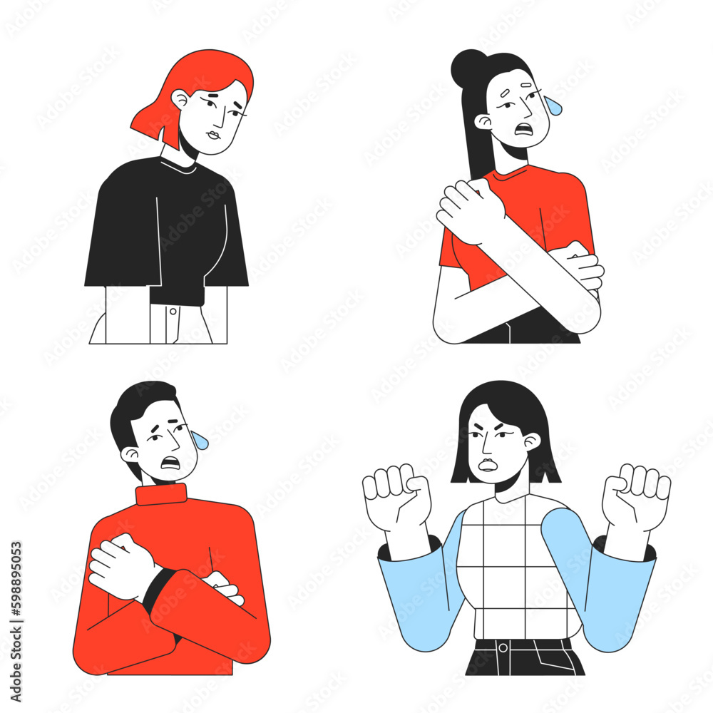 Poster crying in anxiety and depression flat line color vector characters set. editable simple outline half