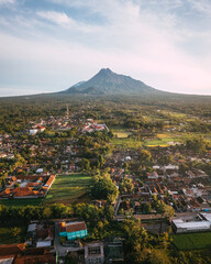 A view of Mount Merapi at morning from a drone taken at Kaliurang