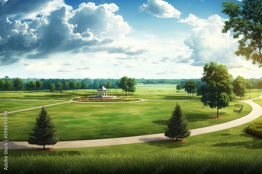 Poster scenery of a park or field with grass and trees generative ai generative ai