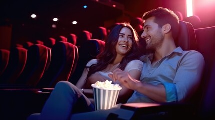 Happy smiling couple watch movie at cinema, projector light above modern cinema hall, pleasant enjoying time at evening for loving couple, joyful dating in cinema, generative AI - obrazy, fototapety, plakaty