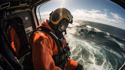 Lifeguard officer preparing to land from helicopter in rough seas to rescue those in distress