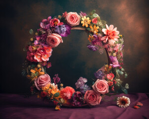 Beautiful vintage floral wreath with bokeh effect