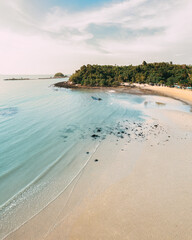 Beautiful Pelawan beach in Karimun Regency in the afternoon. An aerial photo of Pelawan beach.