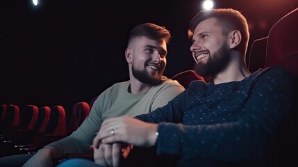 Happy smiling gay couple watch movie at cinema, projector light above modern cinema hall, pleasant enjoying time at evening for loving homosexual couple, joyful dating in cinema, generative AI