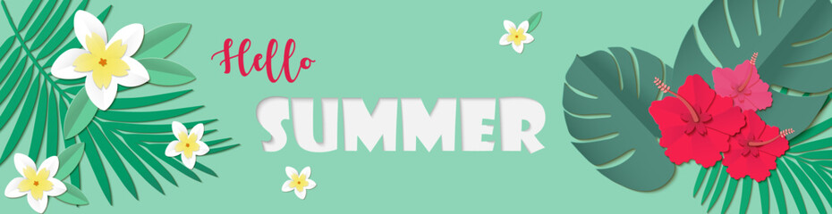  Beautiful summer banner with paper cut tropical flowers and leaves on green background. Vector design for horizontal website banner,birthday frame design, promo card. Place for text.