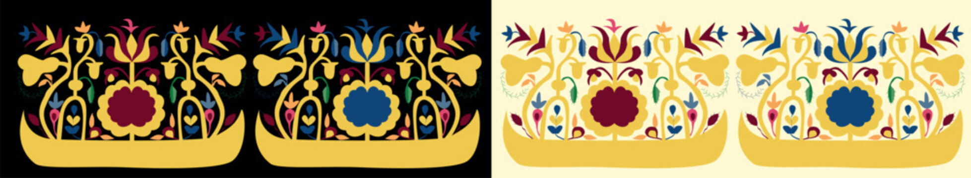 Crimean Tatar ornament, oriental ornament, pattern on a black background, flowers, blue yellow, ukraine
