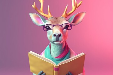 Deer Smiling Bookworm. Character Wearing Glasses And Reading A Book. Illustration Part Of Animals In Library Collection. Generative AI