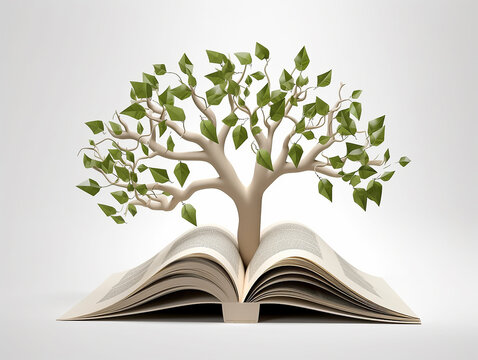 albero stilizzato fatto di foglie di libri, concetto di cultura e natura, letteratura, crescita formativa, illustrazione creata con intelligenza artificiale