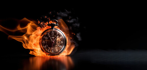 A burning alarm clock on a dark background with fiery particles, symbolizing the passage of time and approaching deadlines. Is AI Generative. Generative AI