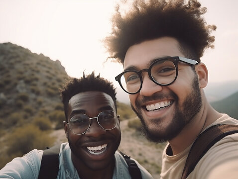 illustrazione di coppia omossessuale felice e gioiosa , di diversa etnia, relazione , lgbtq, creata con intelligenza artificiale