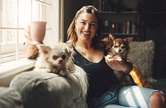Just me and my furry favourites. a young woman having coffee and relaxing with her dogs on the sofa at home.