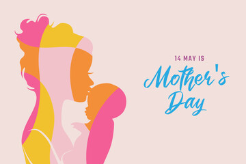 Happy Mother's day design background . Vector banner with silhouette mom and baby, Poster or greeting card with mother day, pink paper hearts and copy space. Symbols of love on white background