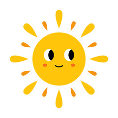 Vector cute sun with face. Funny smiling sun in flat design. Childish sunshine emoji. Baby sun with sunbeams.