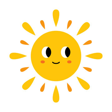 Vector cute sun with face. Funny smiling sun in flat design. Childish sunshine emoji. Baby sun with sunbeams.