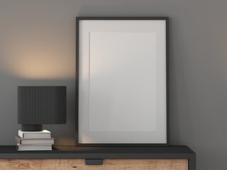 Poster Art black Frame Mockup with passepartout on commode with lamp, 3d rendering