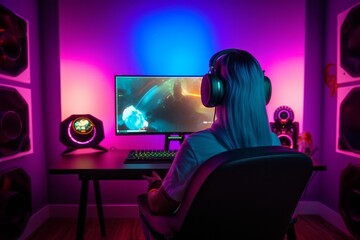 Girl uses a gaming PC with several monitors. Generative AI
