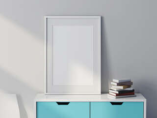 White Poster Art Frame Mockup with passepartout on commode with books, 3d rendering