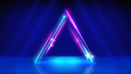 Neon triangular frame, led triangle arch, light lines. Glowing sparkling triangle. Stage. Background, backdrop for displaying products. Blue pink purple neon arch, frame. Vector illustration - obrazy, fototapety, plakaty
