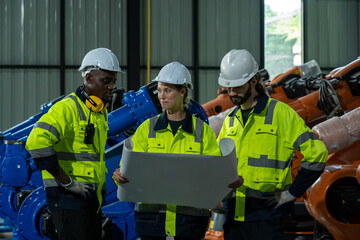 Engineer working with robot arm automated welding machine in modern metal factory.