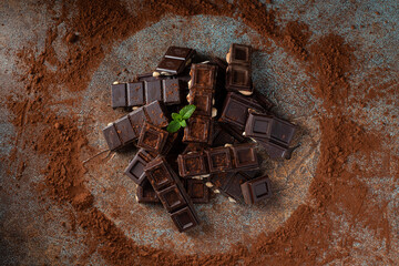 Dark and milk chocolate with nuts on a dark background sprinkled with cocoa powder.