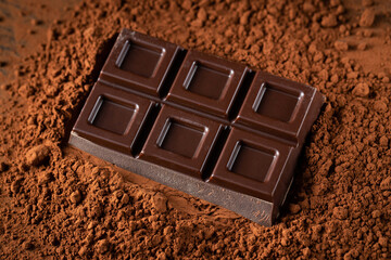 Dark and milk chocolate with nuts on a dark background sprinkled with cocoa powder.