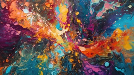 explosion fluid art that breaks down an abstract photograph composition, with vibrant colors, shades of pink, blue, purple, and yellow