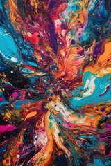 explosion fluid art that breaks down an abstract photograph composition, with vibrant colors, shades of pink, blue, purple, and yellow