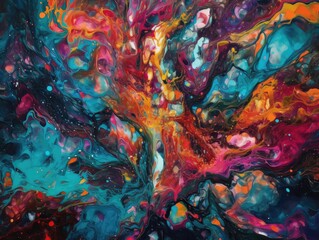 explosion fluid art that breaks down an abstract photograph composition, with vibrant colors, shades of pink, blue, purple, and yellow