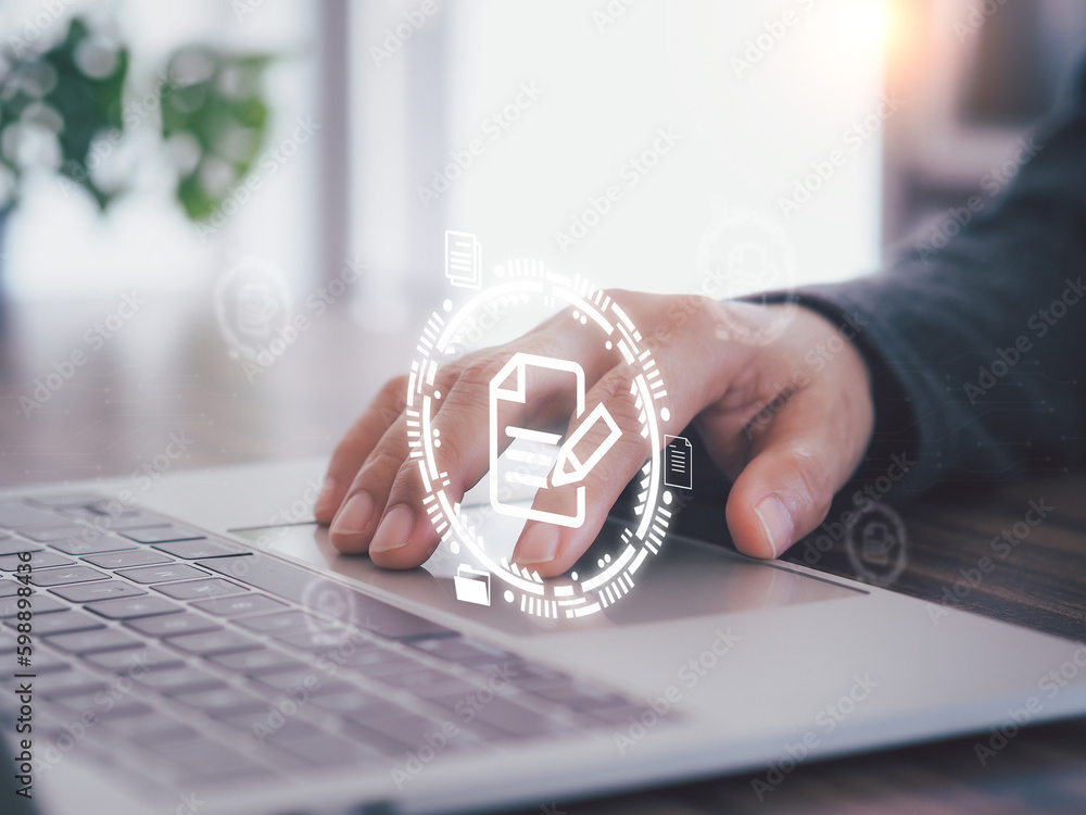 Poster businessman working on laptop show virtual screen icon document management system (dms) working in t