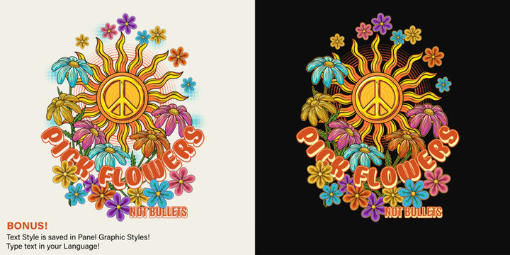 Summer label with sun, peace symbol, chamomile, halftone shapes, editable text effect. Groovy, hippie retro style. For clothing, apparel, T-shirts, surface decoration